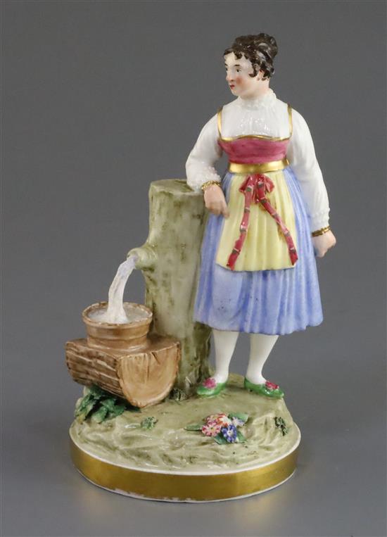 A Rockingham porcelain figure of a Continental peasant Paysanne de Sagran en Tirol, c.1830 h. 17cm, losses to ribbon ends
